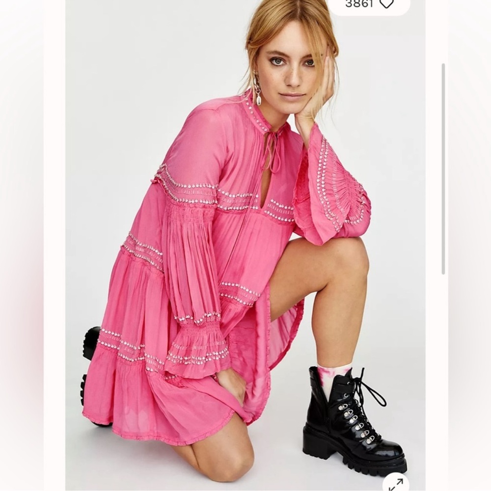 Free People Pink Embellished Tiered Mini Dress